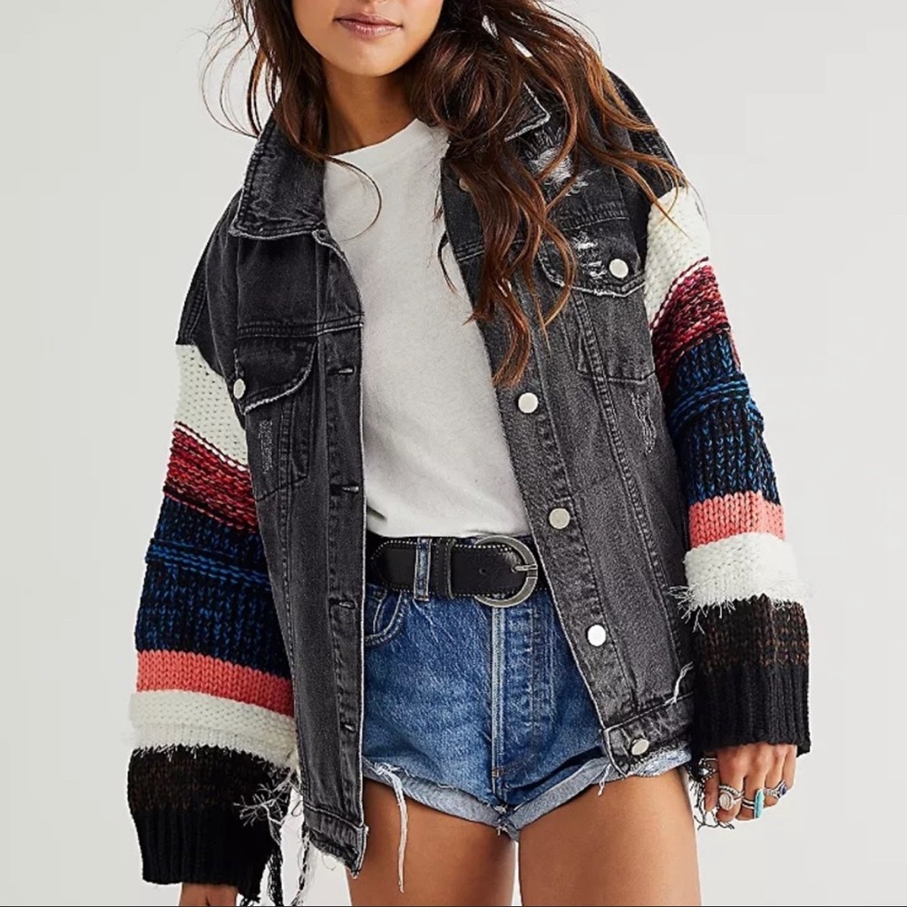 Wren & Glory denim knitter jacket with multicolored fringe sleeves.